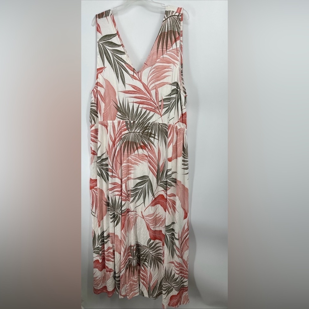 Tahari Plus Size 3X  Tropical Leaf Print Stretchy Maxi Dress V Neck NWT